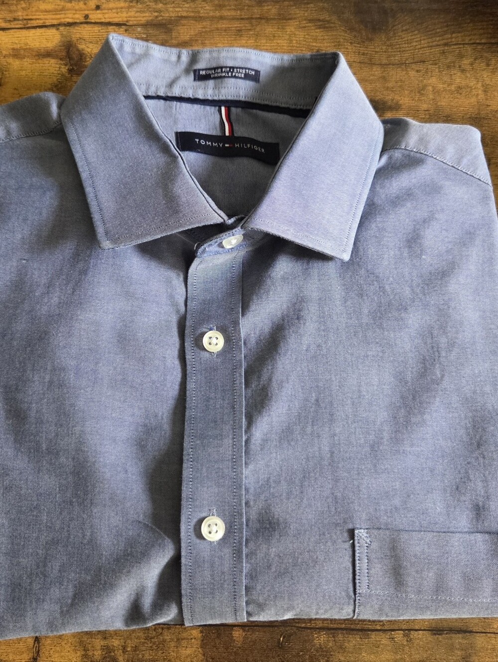 Men's XL Tommy Hilfiger Blue Dress Shirt Logo 17-17.5 34/35 Wrinkle Free Stretch